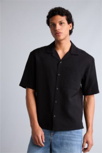 Erkek Siyah Krinkıl Gömlek