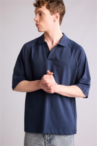 Man NAVY تيشيرت بولو نص ردن قصة فضفاضة