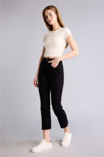 Kadın Siyah Normal Bel Crop Fit Gabardin Pantolon