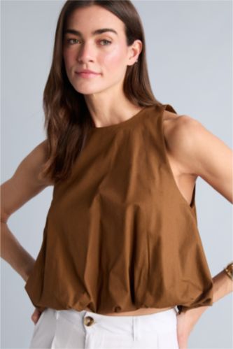 Kadın Açık Kahve Balloon Fit Poplin Bluz