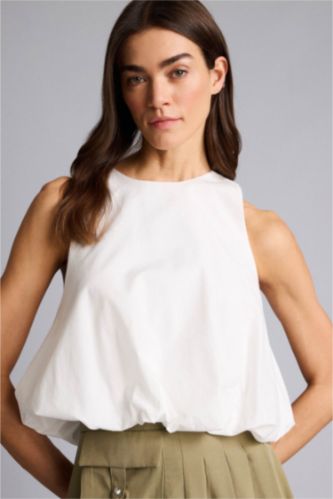 Kadın Kırık Beyaz Balloon Fıt Bisiklet Yaka Poplin Kolsuz Bluz