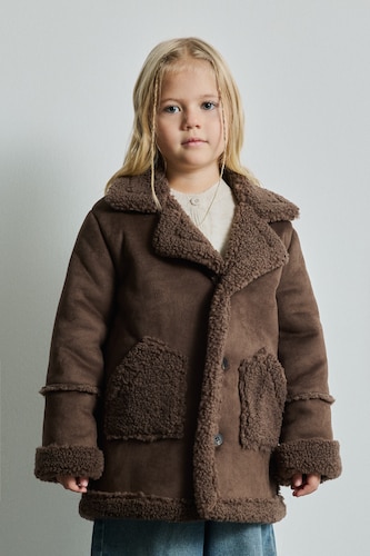 BÉBÉ FILLE Marron Veste longue aspect daim à col tailleur avec détails en peluche pour bébé fille