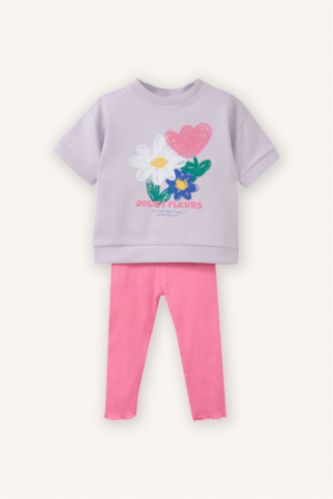 Baby Girl Light Lilac 2 piece Regular Fit Crew Neck Flower Set