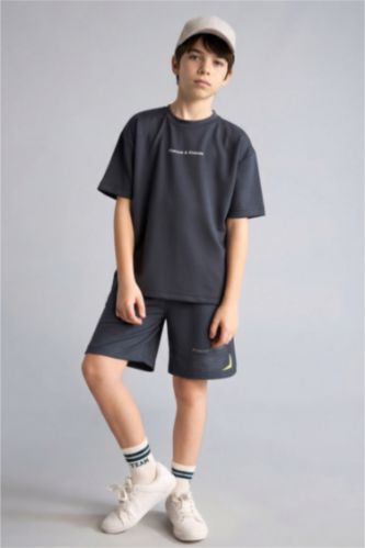 Erkek Çocuk - Genç Erkek Antrasit Oversize Slogan baskılı Şort Erkek Çocuk