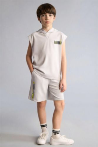 Erkek Çocuk - Genç Erkek Açık Gri Oversize Slogan baskılı Şort Erkek Çocuk