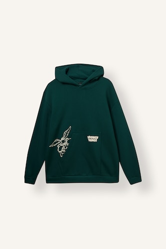 Erkek Koyu Yeşil Looney Tunes Boxy Fit Kapüşonlu Sweatshirt