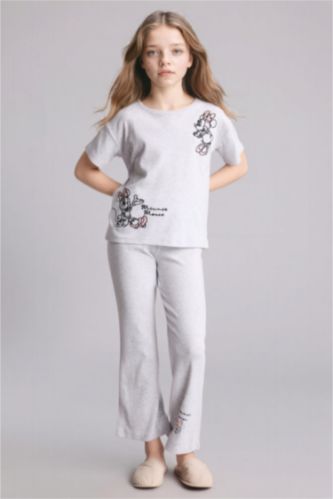 بنات ميلانج رمادي فاتح سيت بجامة مضلع قصة عادية من ديزني ميكي وميني من قطعتين