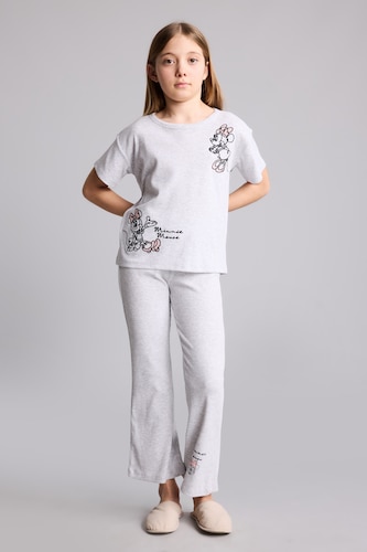 Kız Çocuk - Genç Kız Açık Gri Melange Dısney Mıckey & Mınnıe Fitilli Kaşkorse 2'li Pijama Takımı Kız Çocuk