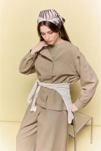 FEMME Kaki Clair Blazer Lin Mélangé Coupe Régulière