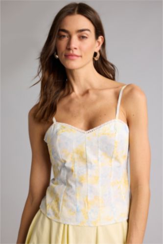 Kadın Açık Mavi Fıtted V Yaka Floral Poplin Kolsuz Bluz