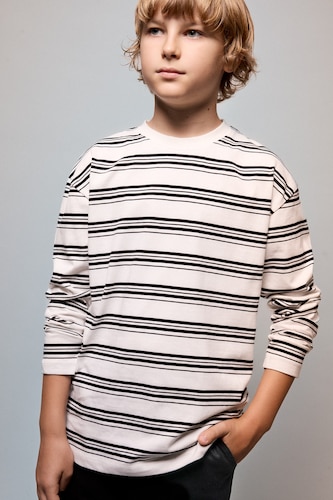 أولاد أبيض Boy Oversize Fit 100% Cotton Rayé Crew Neck Long Sleeve T-Shirt