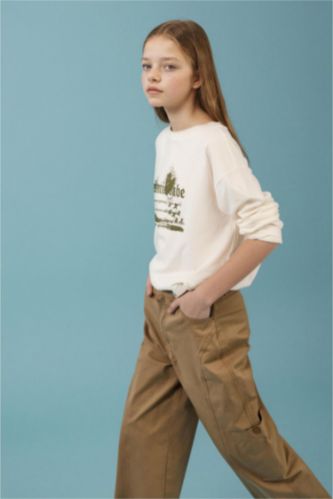 Kız Çocuk - Genç Kız Ekru Oversıze Baskılı Tişört Kız Çocuk