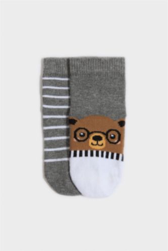 Erkek Bebek Gri Dikişsiz 2'li Pamuklu Uzun Çorap Erkek Bebek