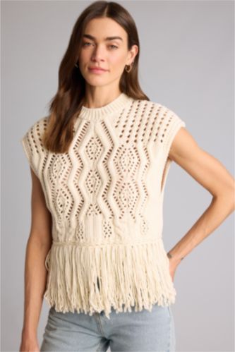 Kadın Ekru Oversıze Triko Püsküllü Yelek