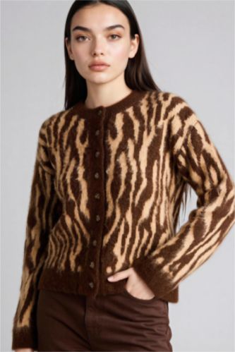 Woman Brown Leopard Print Knit Cardigan