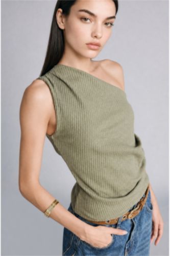Women Light Khaki Slim Fit Camisole One Shoulder Tank Top