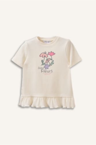 Kız Bebek Kırık Beyaz Bisiklet Yaka Floral Fitilli Kaşkorse Uzun Kollu Tişört Kız Bebek