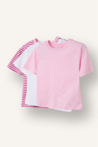 Kız Bebek Pembe Çizgili Penye 3'lü Tişört Kız Bebek