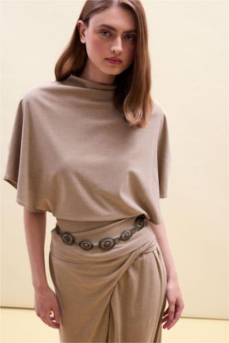 WOMAN Beige Slim Fit Crepe Short Sleeve T-Shirt