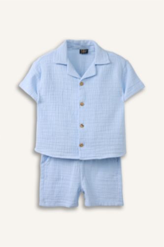 Erkek Bebek Açık Mavi Müslin 2'li Takım Erkek Bebek