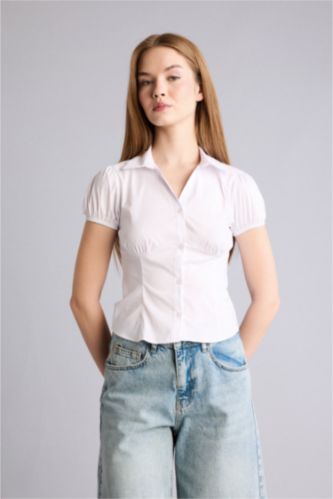 Woman White قميص نص ردن مخصر سليم فيت