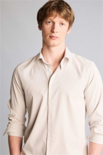 Erkek Taş Slım Fıt Gömlek Yaka Baskılı Uzun Kollu Gömlek