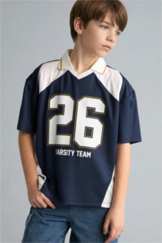 Erkek Çocuk - Genç Erkek Lacivert Oversize Kısa kollu Tül Polo Tişört Erkek Çocuk