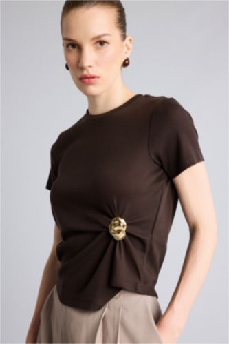 WOMAN Brown Slim Fit Ribana Short Sleeve T-Shirt