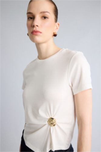 WOMAN Ecru Slim Fit Ribana Short Sleeve T-Shirt