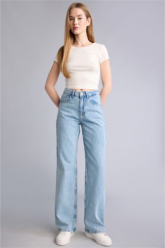 Kadın Açık Mavi Straıght Wıde Yüksek Bel Jean Yıkamalı Pantolon
