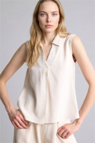 Kadın Bej Regular Fit Kısa kollu Keten Karışımlı Gömlek