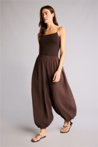 Kadın Kahve Balloon Fıt Beli Lastikli Düz Paça Modal Pantolon