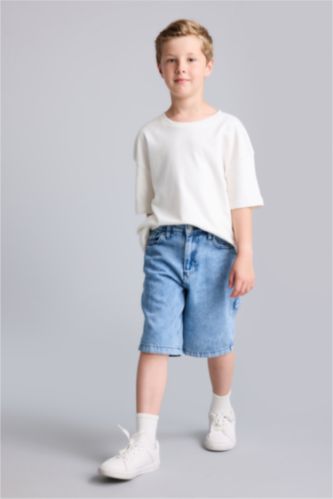 Erkek Çocuk - Genç Erkek Açık Mavi Regular Fit Pamuklu Jean Şort Erkek Çocuk