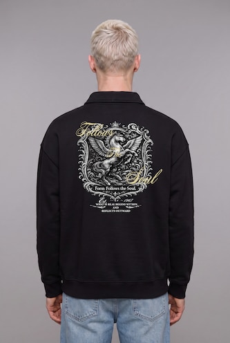 MAN Black Boxy Fit Embroidered Basic Long Sleeve Polo Collar Sweatshirt