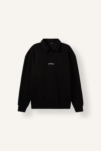 Boxy Fit Embroidered Basic Long Sleeve Polo Collar Sweatshirt