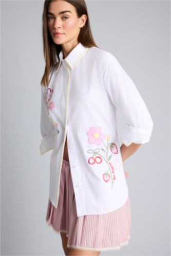 Kadın Beyaz Afra x Defacto Oversıze Nakışlı Poplin  Kollu Gömlek