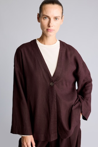 Women Brown Regular Fit V-Neck Short Linen Kimono