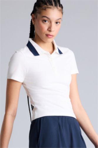 Kadın Ekru Slım Fıt Polo Yaka Sporcu Pike Kısa Kollu Polo Tişört