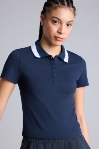 Kadın Lacivert Slım Fıt Polo Yaka Sporcu Pike Kısa Kollu Polo Tişört