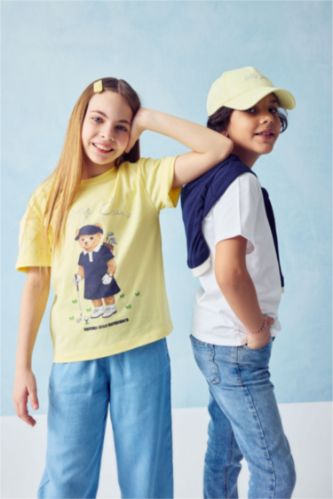 بنات أصفر تيشيرت بناتي نص ردن مطبوع اوفر سايز بياخة مستديرة