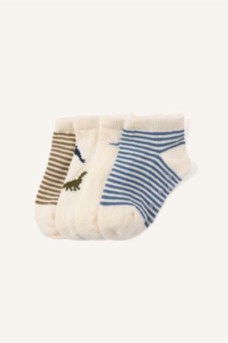 Erkek Bebek Beyaz Hayvan Desenli Dikişsiz 4'lü Pamuklu Patik Çorap Erkek Bebek