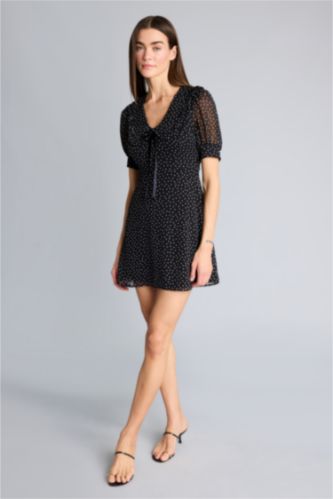 Kadın Siyah Afra x Defacto V Yaka Puantiye Şifon  Mini Elbise