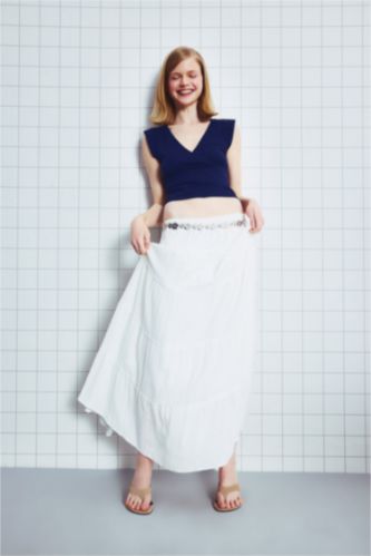 Kadın Ekru %100 Pamuk Normal Bel Pamuk Astarlı Krinkıl Kumaş Maxi Etek