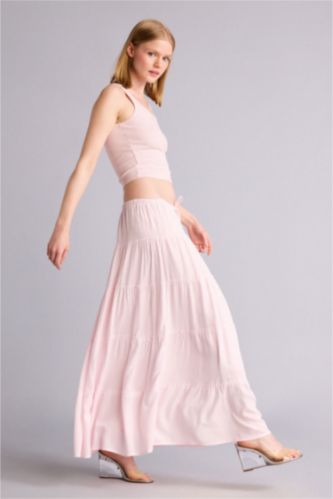 Kadın Açık Pembe Normal Bel Kırışık dokulu Maxi Etek