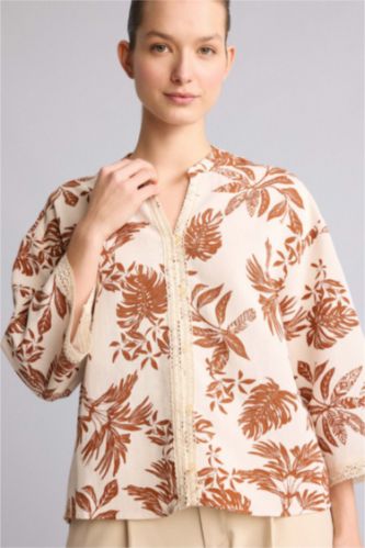 Kadın Koyu Turuncu Relaxed Fit Keten Karışımlı Baskılı Gömlek