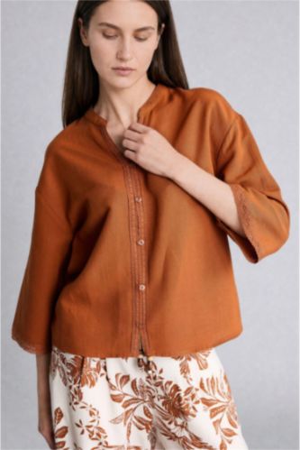 Women Orange Relax Fit Linen Blended Long Sleeve Shirt