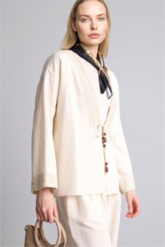 Kadın Taş Relaxed Fit Uzun kollu Keten Karışımlı Gömlek