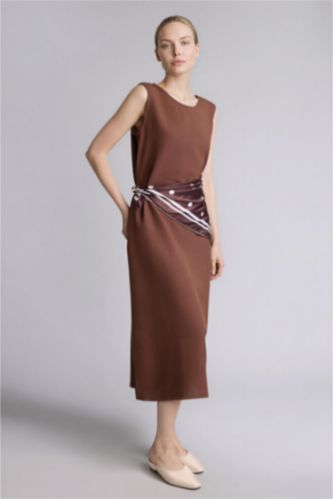 Kadın Kahve Kolsuz Keten Elbise