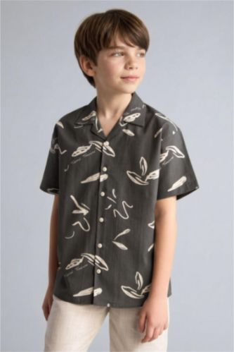 Erkek Çocuk - Genç Erkek Haki Regular Fit Kısa kollu Keten Desenli Gömlek Erkek Çocuk