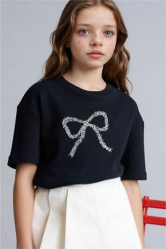 بنات أسود تيشيرت بناتي نص ردن بياخة مستديرة